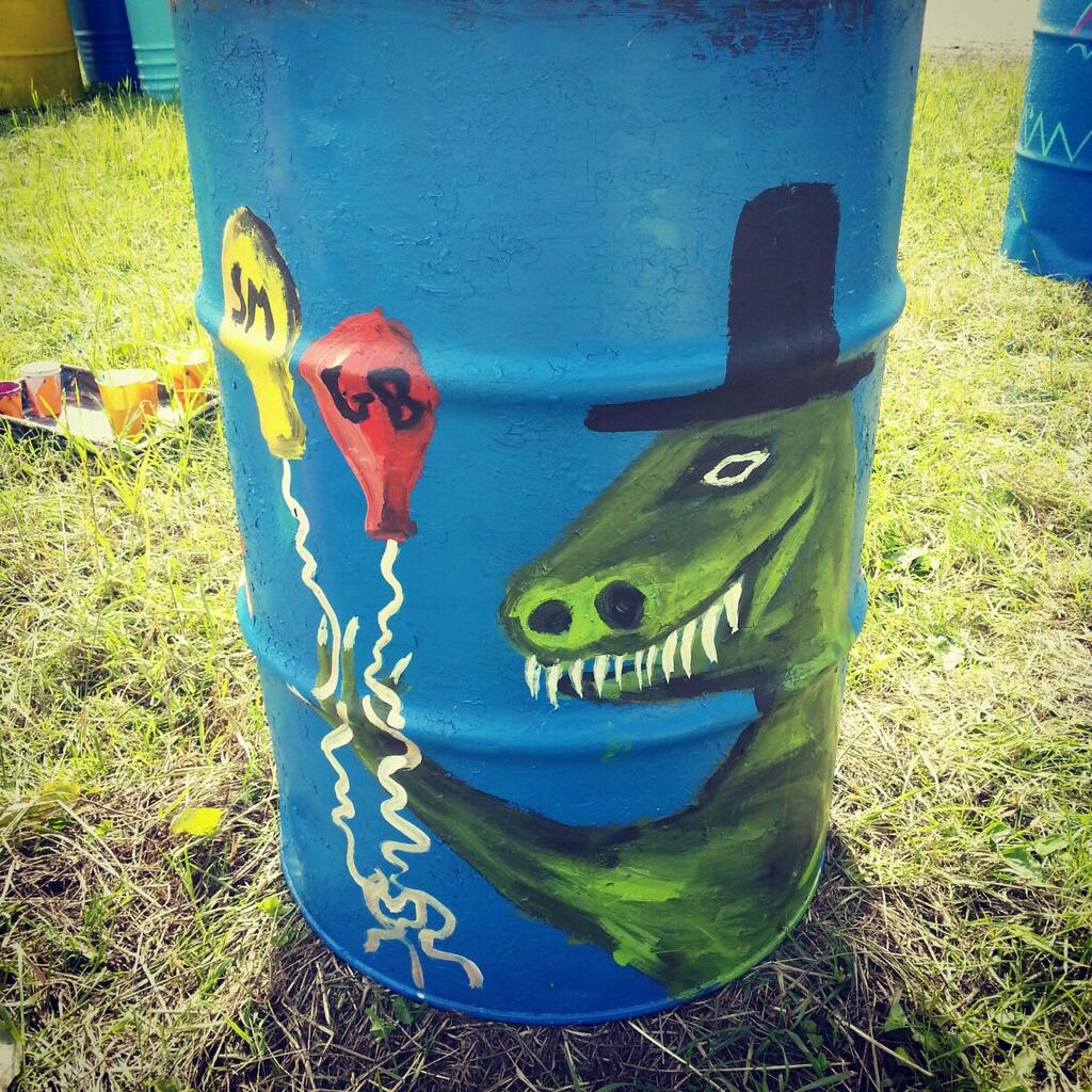 glastonbury charity bins 2014 happy dinosaur at a birthday party