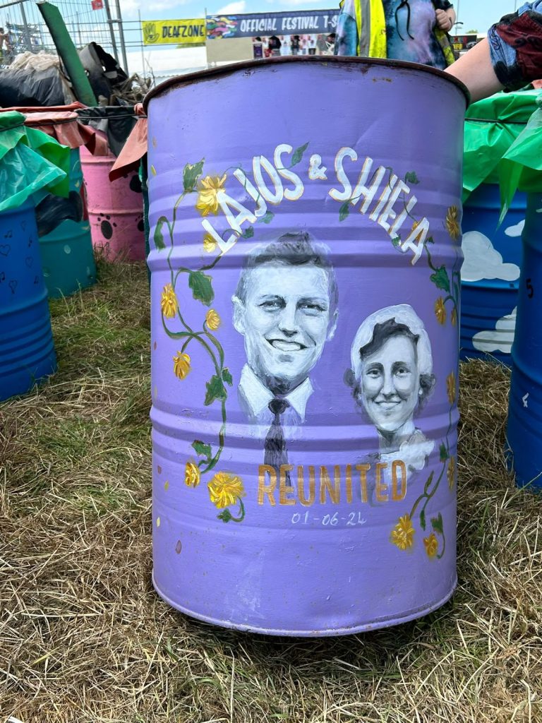 glastonbury charity bins 2024 lajos and sheila