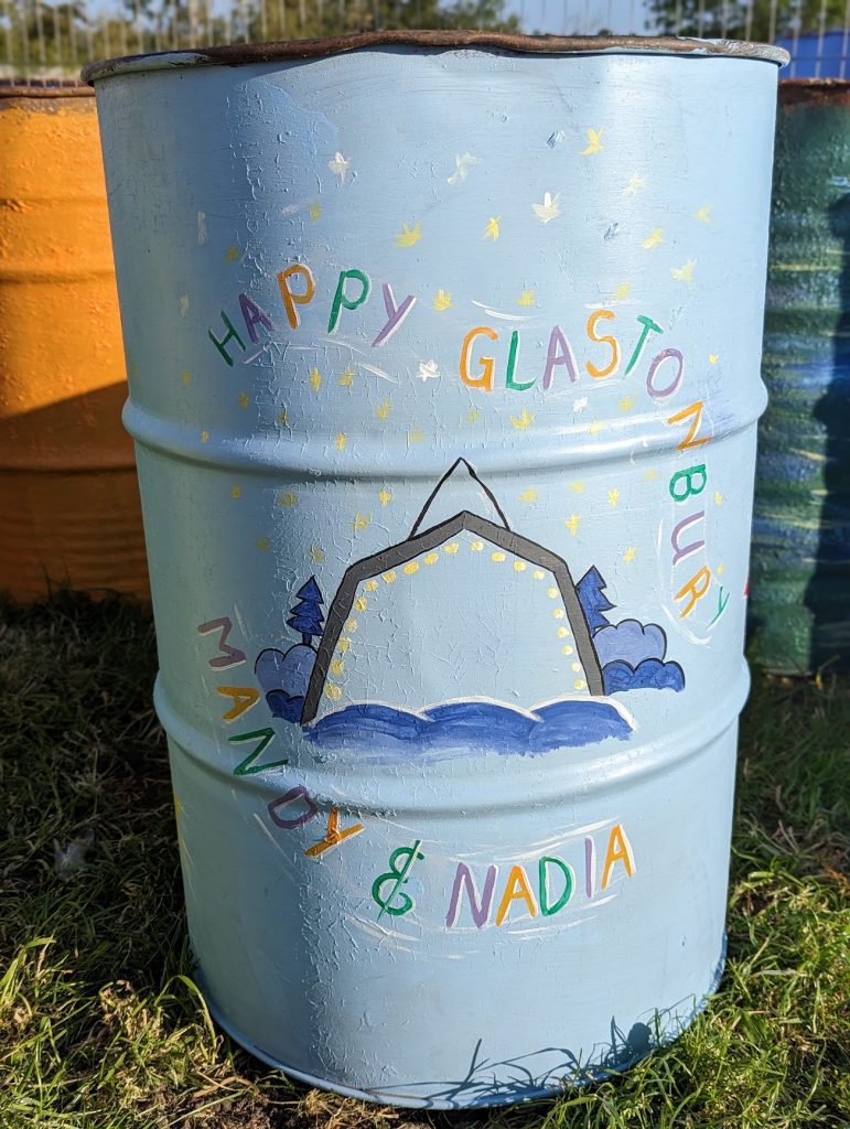 glastonbury charity bins 2023 pyramid stage for mandy and nadia