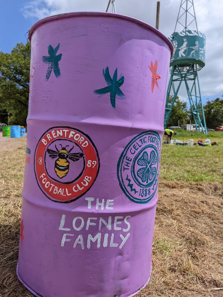 glastonbury charity bins 2022 Brentford FC 
and Celtic FC 
and have it say 
The Lofnes Family
